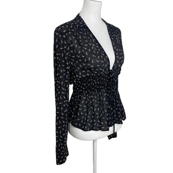 Free People Top Colette Black White Floral Long Sleeve Blouse Womens Size Small - Picture 3 of 9